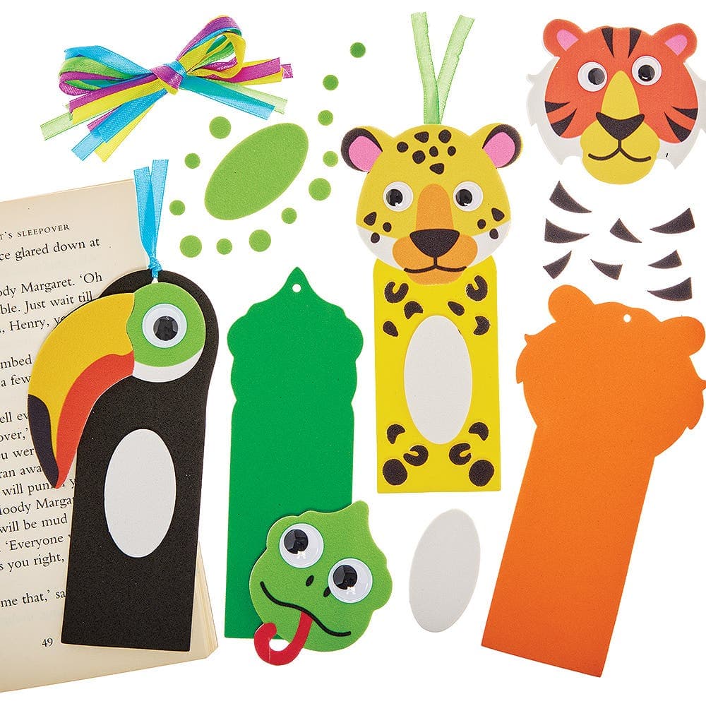 Rainforest Animal Bookmark Kits (Pack of 8) Foam Craft Kits, 8 Assorted Animals, Self-Adhesive Pieces Included