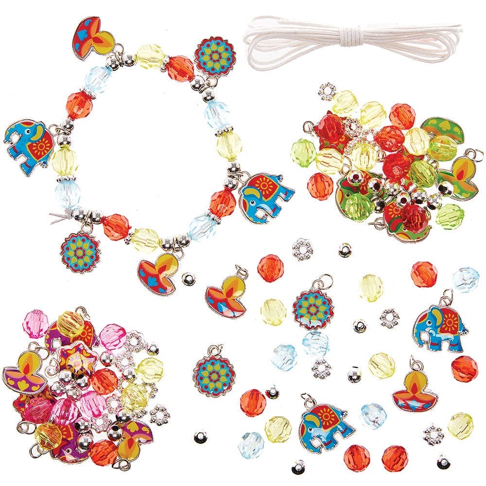 Diwali Charm Bracelet Kits (Pack of 3) 6 assorted bead colours - Yellow, Red, Green, Purple, Blue & Silver