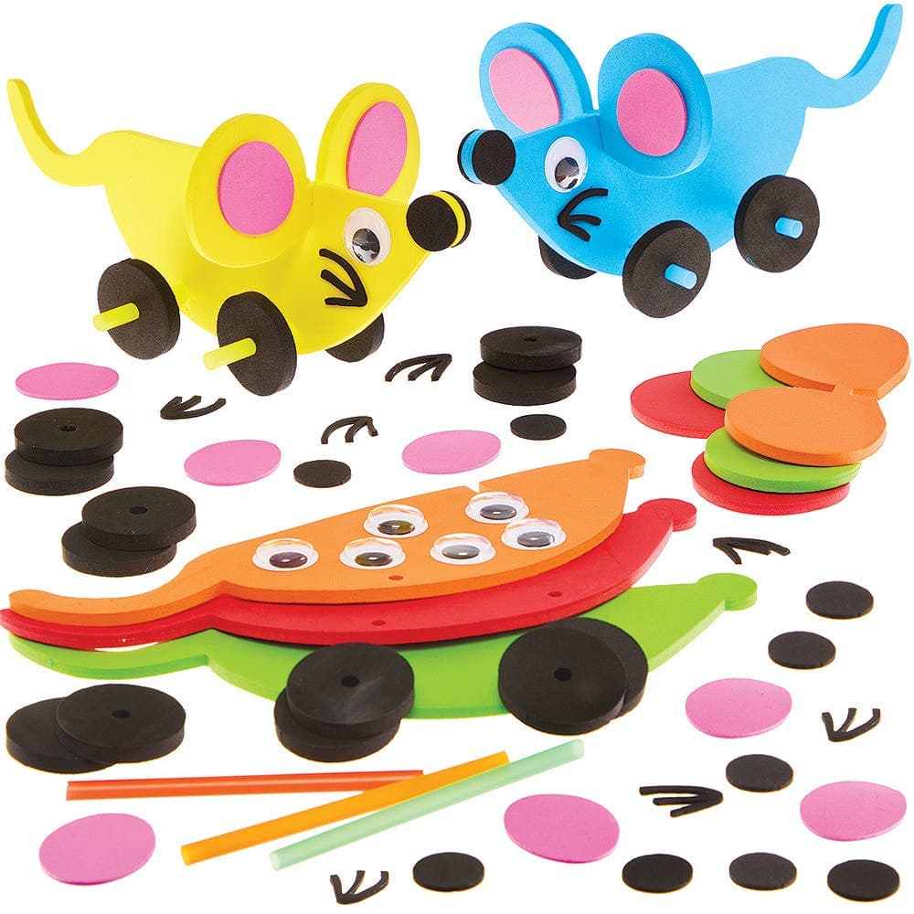 Mouse Push Along Kits (Pack of 5) 5 assorted colours - Green, Red, Orange, Blue & Yellow