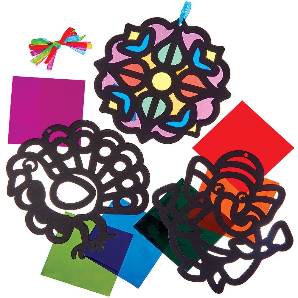 Diwali Stained Glass Decoration Kits (Pack of 6) 6 assorted cellophane colours - Pink, Blue, Red, Purple, Yellow & Green