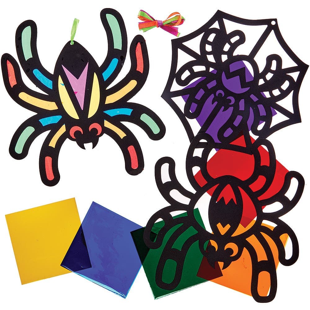 Spider Stained Glass Decoration Kits, 6 Assorted Cellophane Colours - Blue, Red, Purple, Yellow, Orange & Green