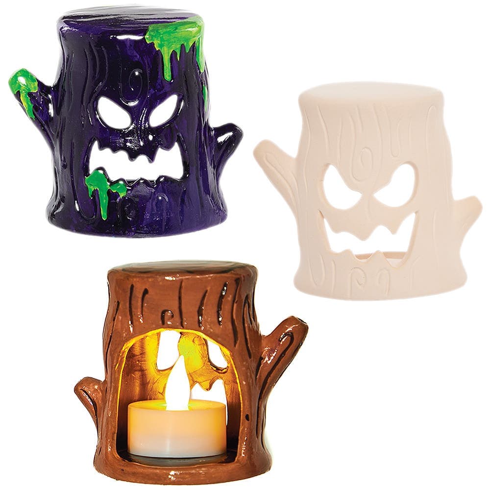 Spooky Tree Ceramic Tealight Holders (Box of 3) Halloween Pottery Painting Crafts, Size 8cm x 8cm x 6cm