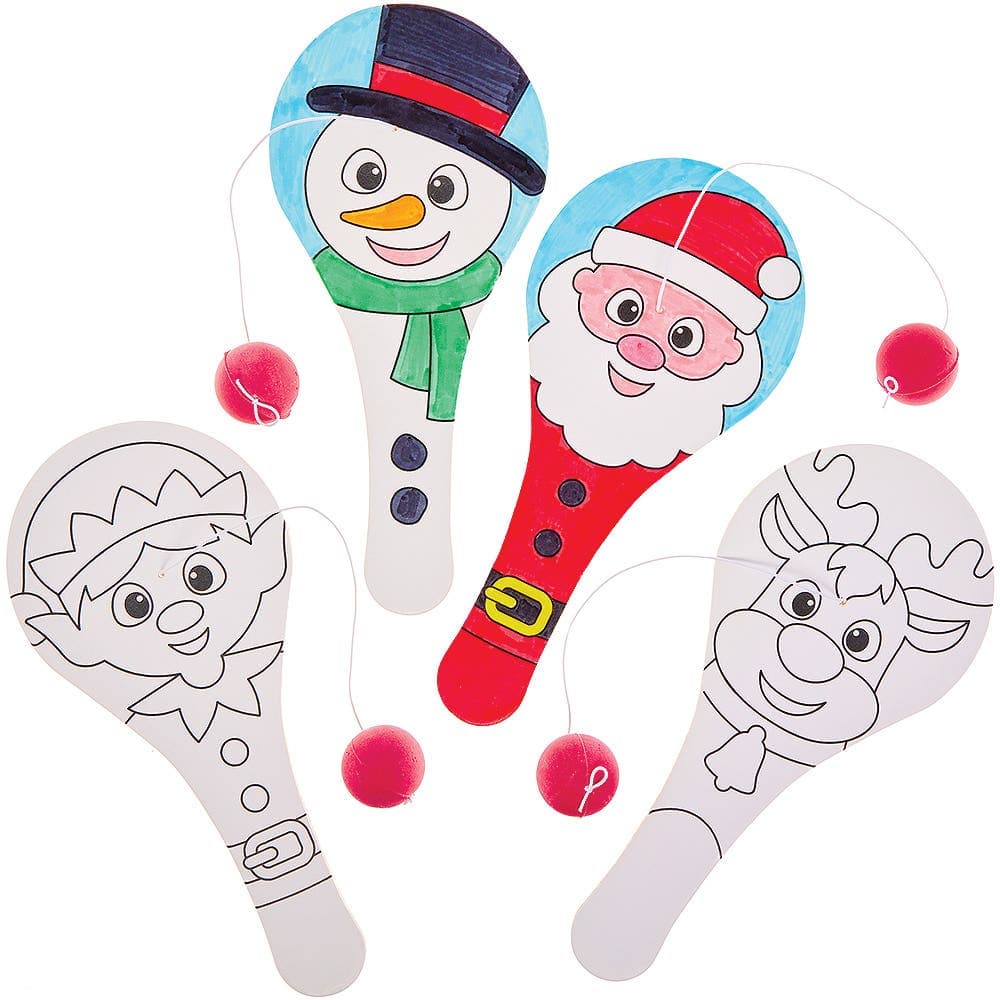 Christmas Colour-in Wooden Paddle Balls (Pack of 6)