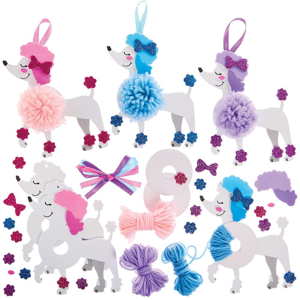 Poodle Dog Pom Pom Decoration Kits (Pack of 3) Decoration Craft Kits 3 assorted colours - Pink, Blue & Purple