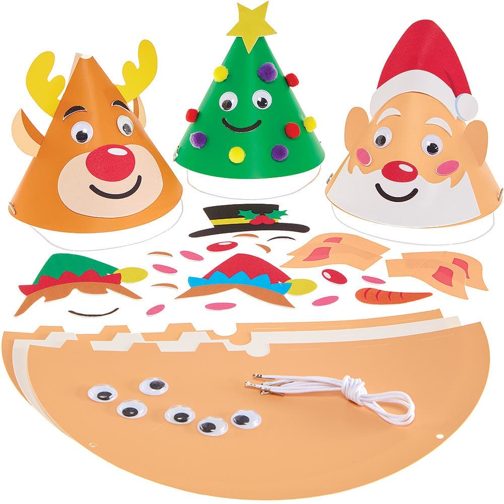 Christmas Cone Hat Kits (Pack of 6) Christmas Crafts, All In One Kit, 6 Assorted Designs, Card & Foam