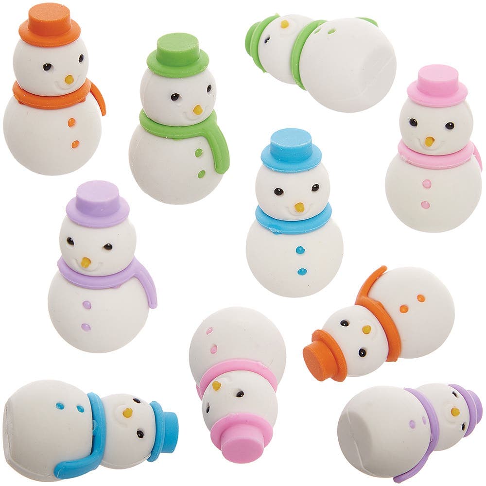 Snowman Erasers (Pack of 10) 5 assorted colours - Pink, Orange, Green, Blue & Purple