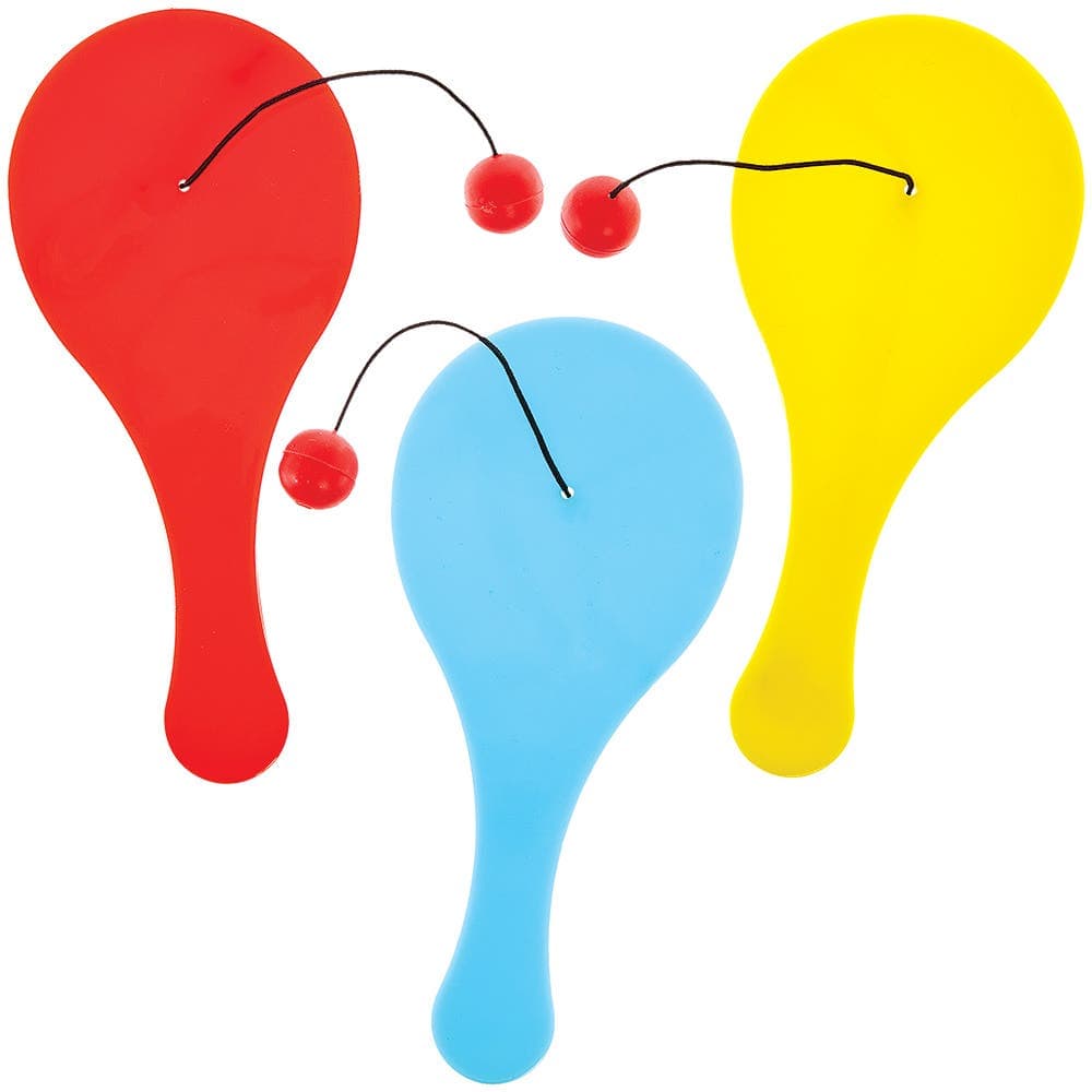 Rainbow Colours Mini Paddle Ball Toys (Pack of 8) Pocket Money Toys, 6 Assorted Colours, Size 12cm, Plastic & Rubber