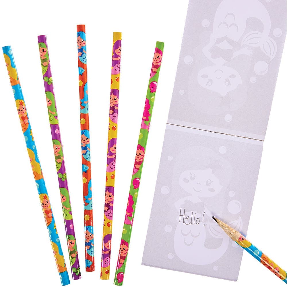 Mermaid Pencils (Pack of 15) Drawing 5 assorted colours - Green, Blue, Orange, Purple & Yellow