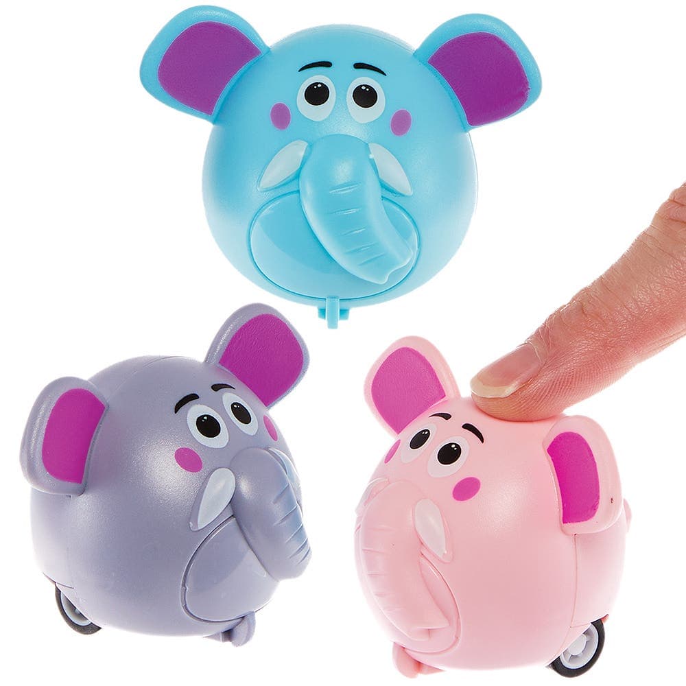 Elephant Pull Back Racers (Pack of 6) Pocket Money Toys 3 assorted colours - Grey, Blue & Pink