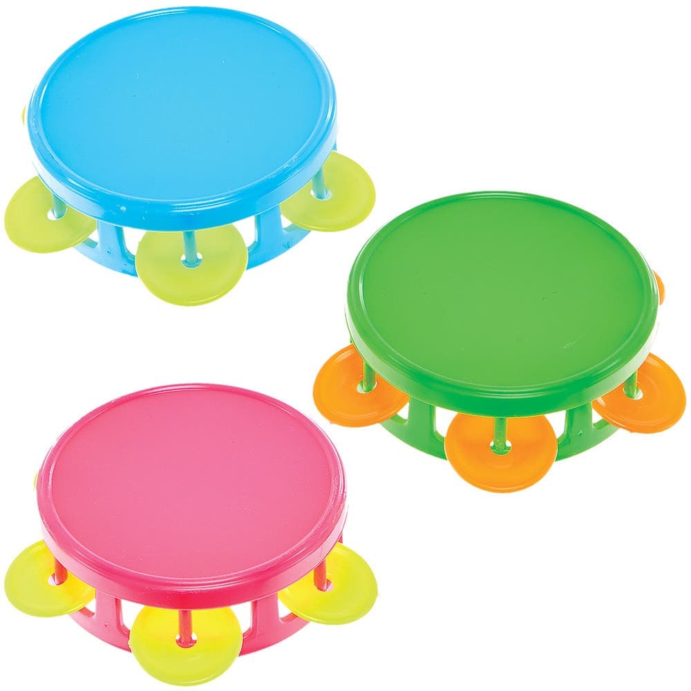 Mini Toy Tambourines (Pack of 6) Pocket Money Toys 3 assorted colourways - Pink/Yellow, Green/Orange & Blue/Yellow
