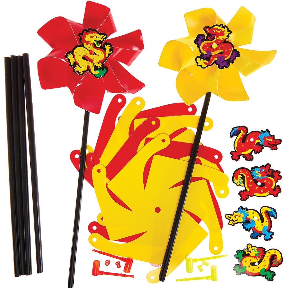 Chinese New Year Windmill Kits (Pack of 6) Craft Kits For Kids, 6 Assorted Designs, Yellow & Red, No Glue Required