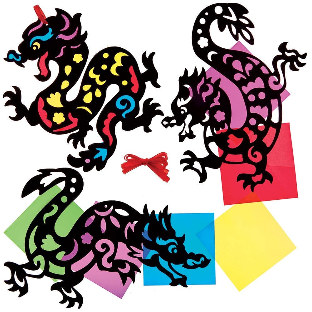 Year of the Dragon Stained Glass Decoration Kits (Pack of 6) 6 assorted cellophane colours - Red, Purple, Yellow, Green, Blue & Pink