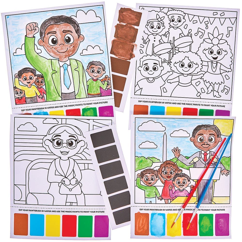 Black History Magic Painting Pictures (Pack of 10) 8 paint colours - Light Brown, Dark Brown, Black, Blue, Yellow, Red, Green & Pink