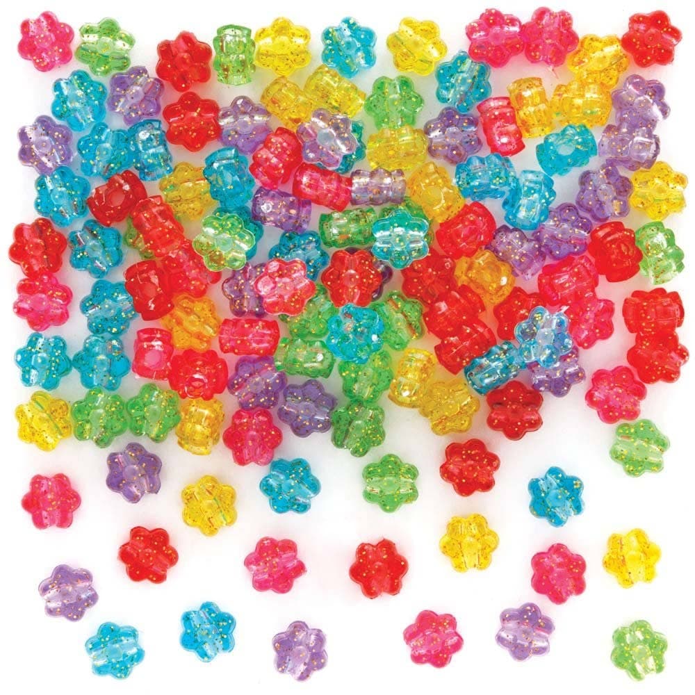 Glitter Flower Pony Beads (Pack of 300) Craft Embellishments 6 assorted colours - Red, Pink, Yellow, Lime Green, Blue & Purple
