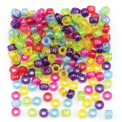 Glitter Pony Beads (Pack of 380) Craft Embellishments Assorted colours - Green, Pink, Light Blue, Purple, Red  & Yellow