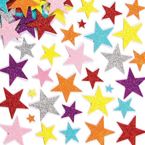Glitter Star Foam Stickers (Pack of 150) Stickers 7 assorted colours -  Red, Yellow, Silver, Purple, Blue, Orange & Pink