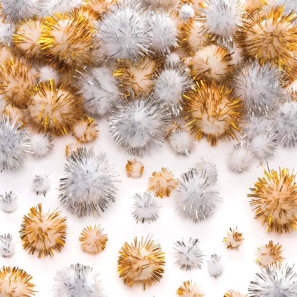 Gold & Silver Glitter Pom Poms (Pack of 100) Craft Embellishments Gold & Silver