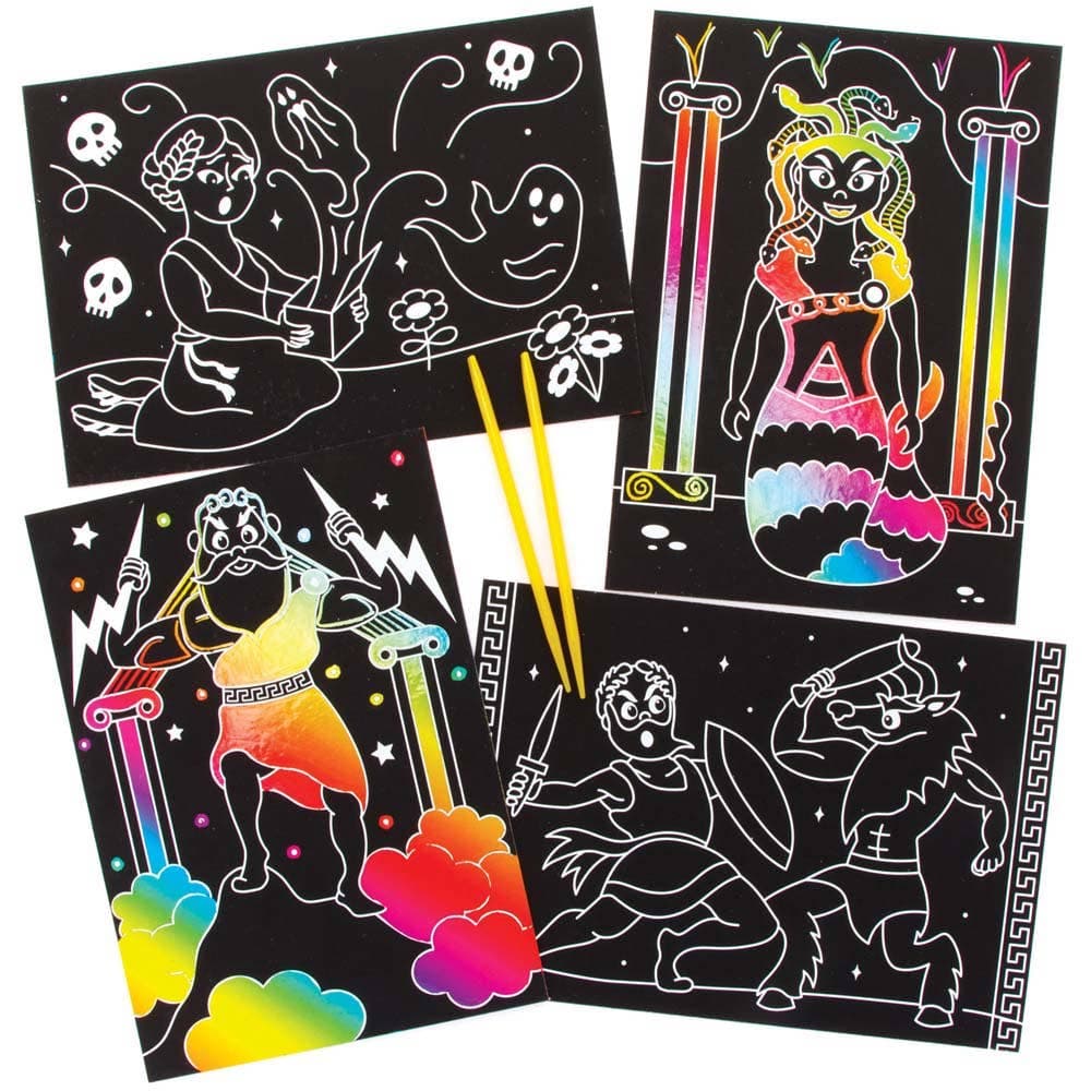 Greek Scratch Art Pictures (Pack of 8) Range Of Designs, Decorate & Personalise, Rainbow Colours