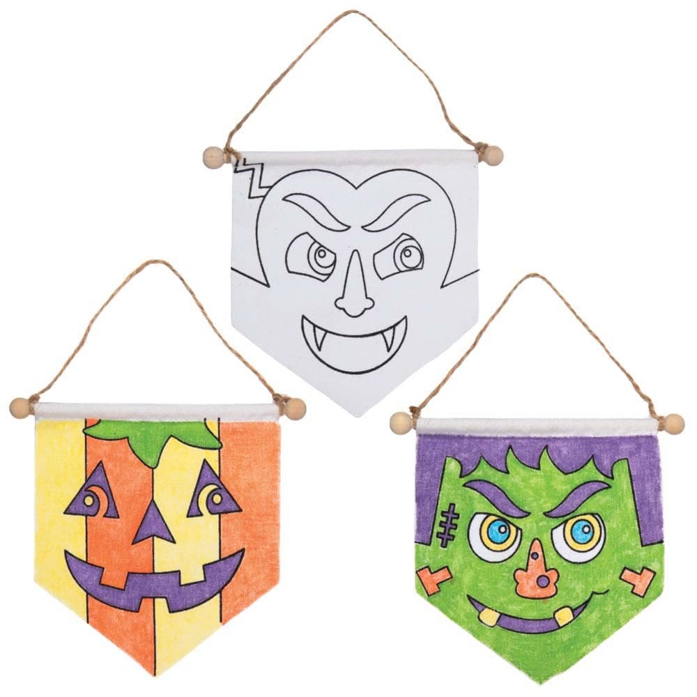 Halloween Colour-in Fabric Banner Decorations (Pack of 3) Design & Personalise Your Own, Colour Or Paint