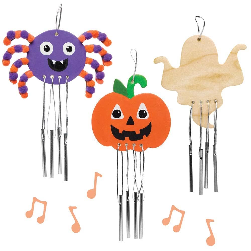 Halloween Wooden Windchimes (Pack of 4) Halloween Crafts, 4 Assorted Designs, Metal Chimes Included, Halloween Boo Basket Ideas
