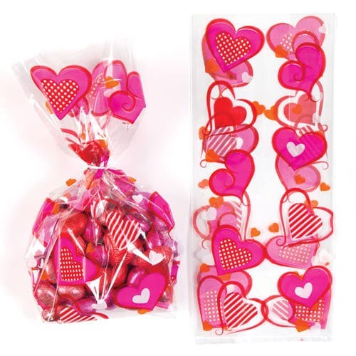 Heart Cellophane Bags (Pack of 20) Party Bags, Twist Ties Included, Size Approx. 29cm x 12.5cm x 8cm