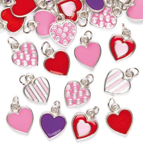 Heart Charms (Pack of 24) Jewellery, 6 Assorted Designs, Pink, Red & Purple, Friendship Bracelet Making