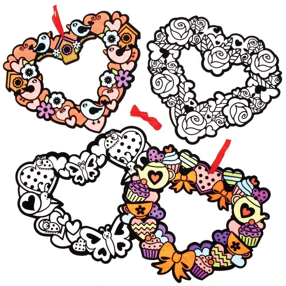 Heart Fuzzy Art Colour-in Wreaths (Pack of 10) 5 Assorted Designs, Black Velvet Outlines, 18cm x 22cm Size