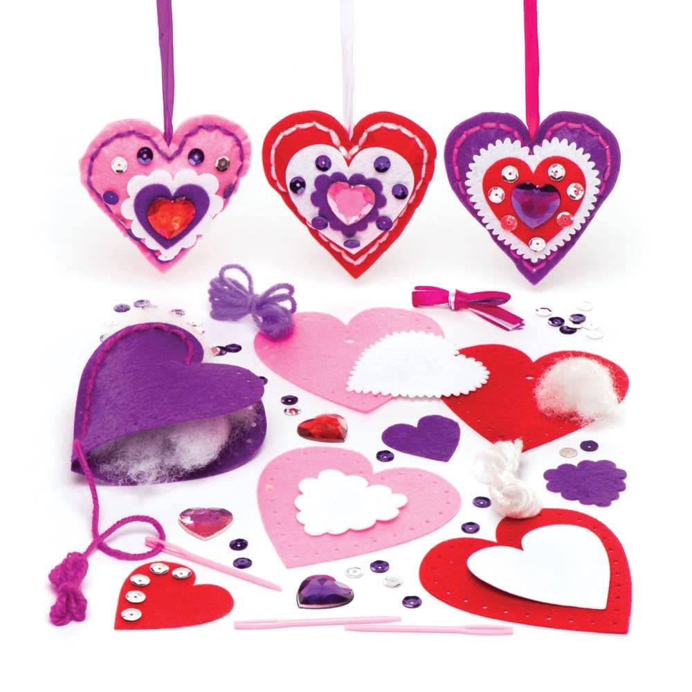 Heart Sewing Decoration Kits (Pack of 3) Sewing & Weaving Craft Kits 3 assorted colours - Red, Pink & Purple