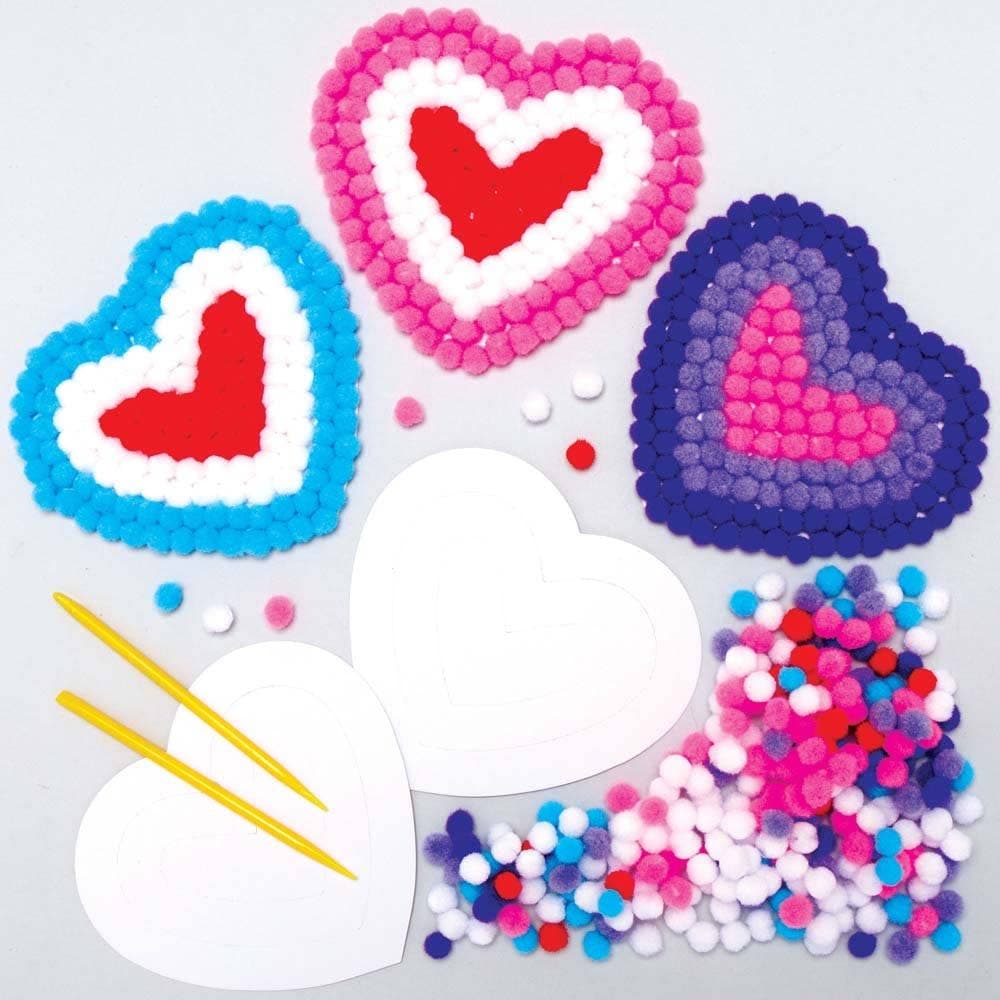 Heart Pom Pom Art Kits (Pack of 5) Craft Embellishments 6 assorted pom pom colours - White, Pink, Red, Blue, Purple & Light Purple