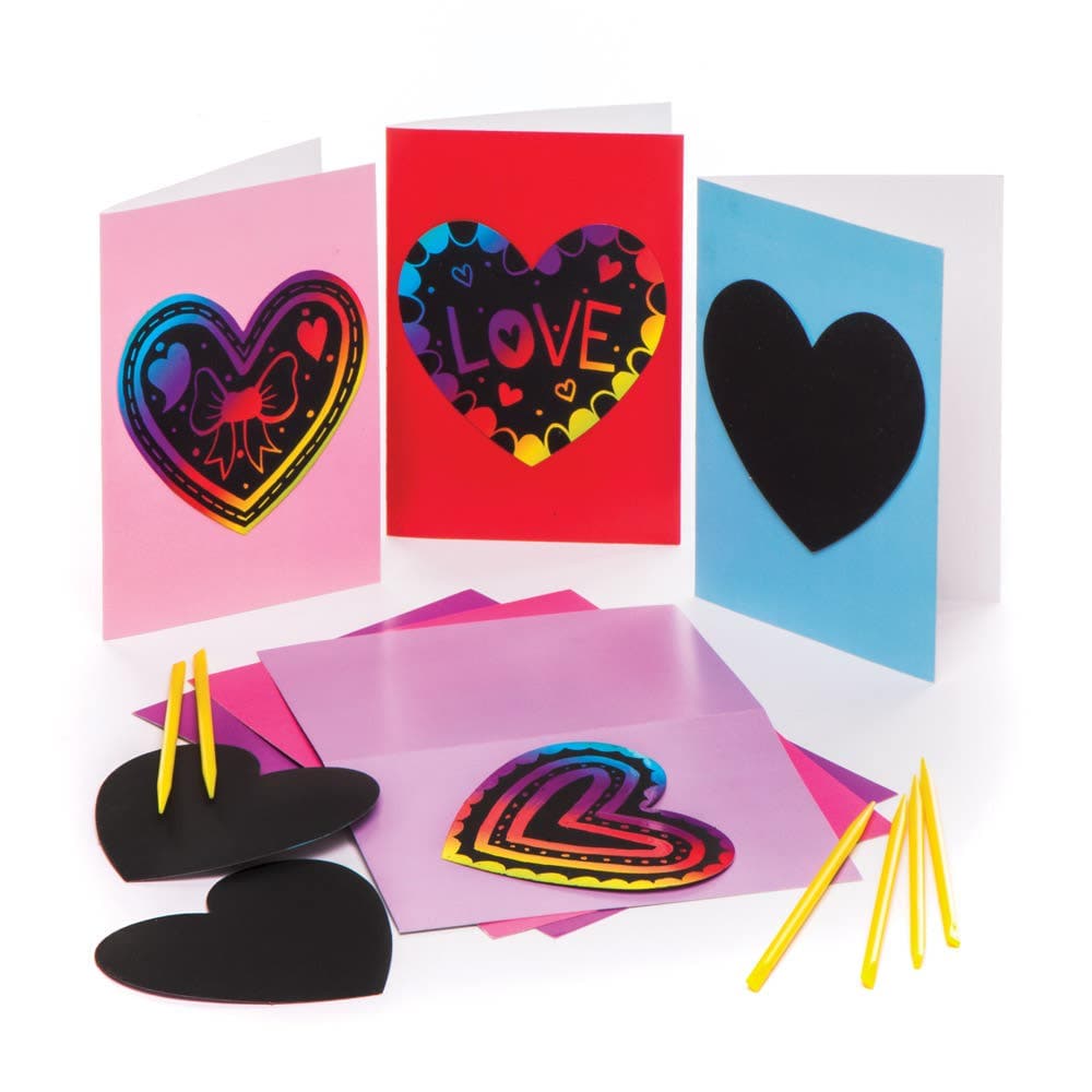 Heart Scratch Art Greeting Cards (Pack of 6) Craft Blanks & Bases 6 card colours - Light Pink, Dark Pink, Light Purple, Dark Purple, Blue & Red