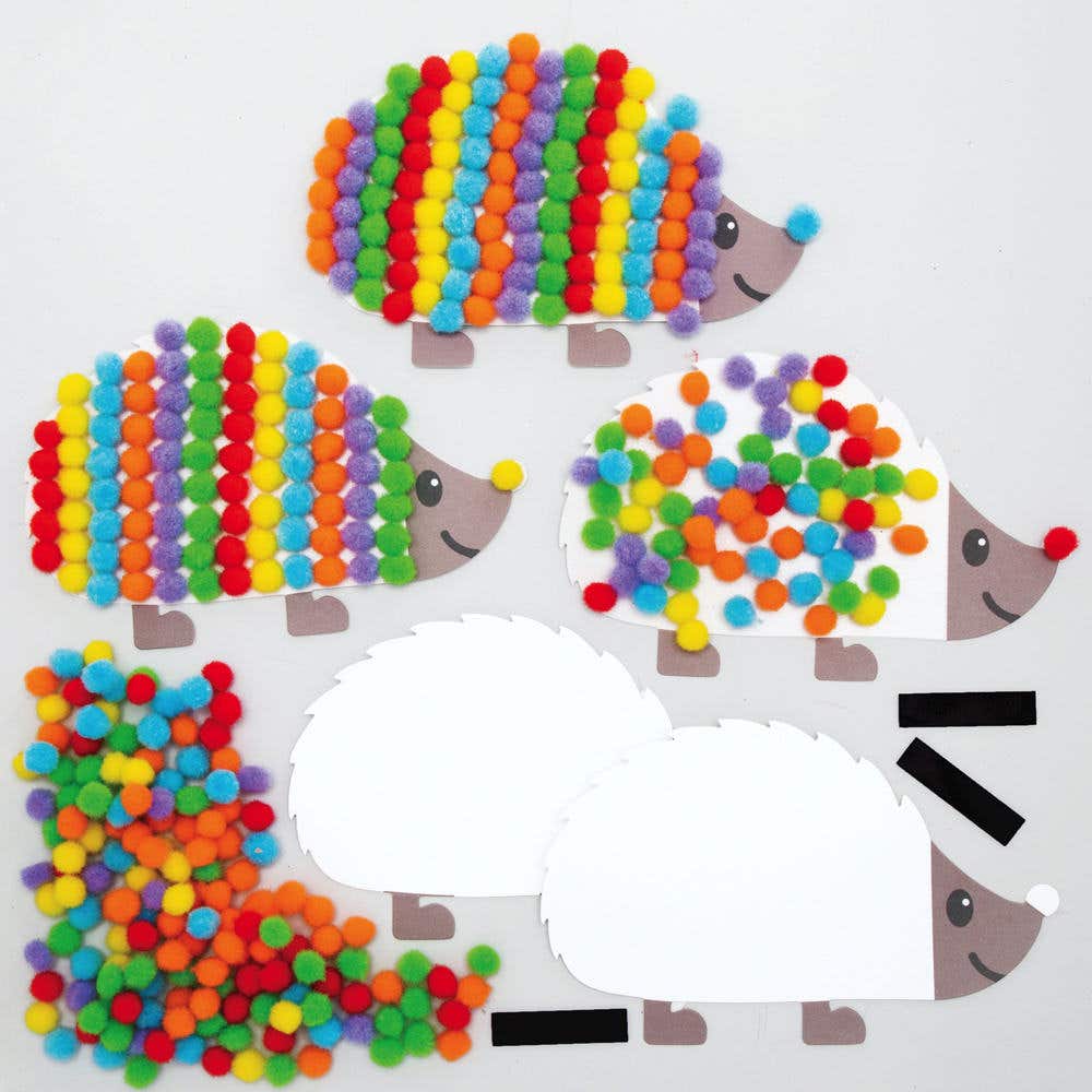 Hedgehog Pom Pom Art Kits (Pack of 5) Art Craft Kits 6 assorted pom pom colours - Orange, Pink, Green, Blue, Red & Yellow