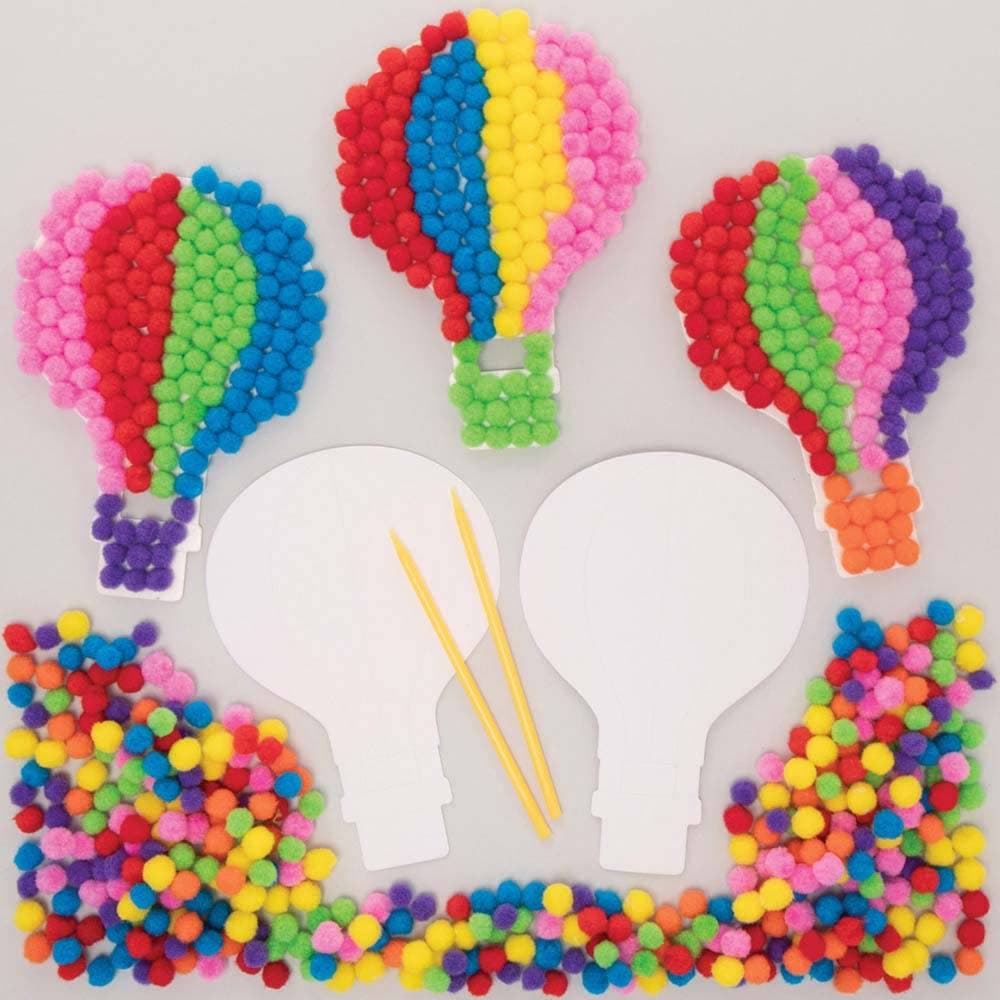 Hot Air Balloon Pom Pom Art Kits (Pack of 5) Art Craft Kits, 7 Pom Pom Colours, 5 Assorted Designs, Size 11.5cm x 16cm