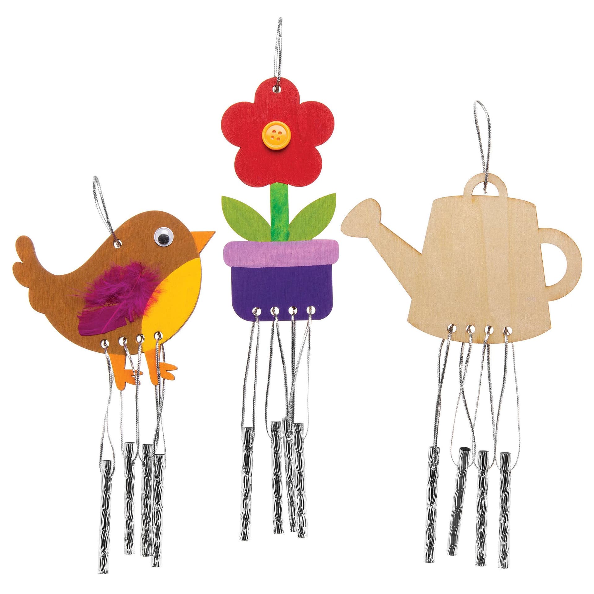 In the Garden Wooden Windchimes (Pack of 4)  Bird, Snail, Flower & Watering Can Designs, Metal Chimes Included