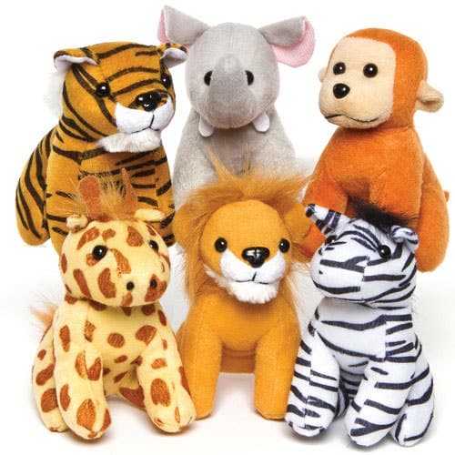Jungle Animal Plush Toys (Pack of 6) 6 Assorted Animal Designs Including Giraffe & Elephant, Soft & Sensory Toys