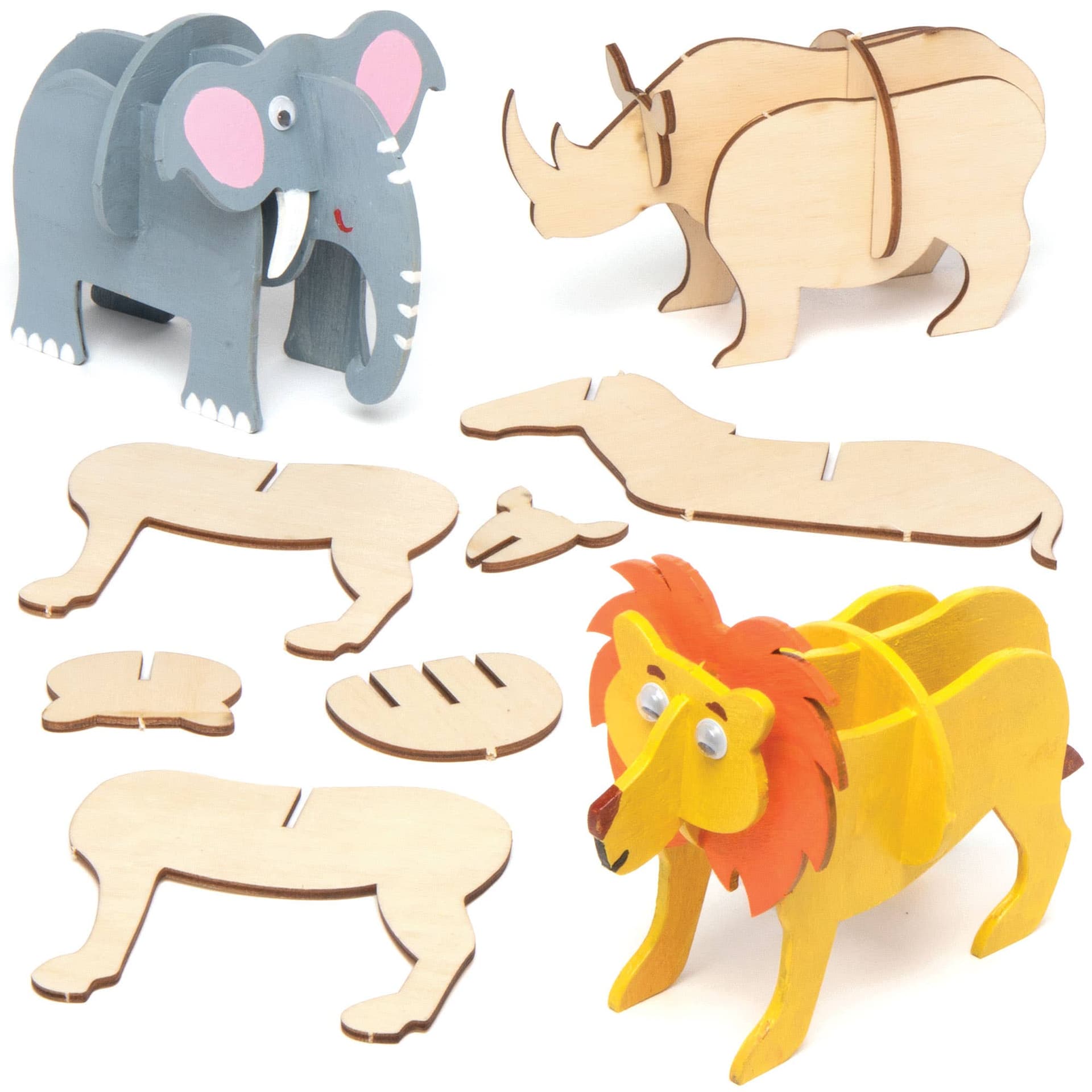 Jungle Animal 3D Woodcraft Kits (Pack of 5) Slot-Together, Construction Craft Kits For Kids, Lion, Giraffe & More