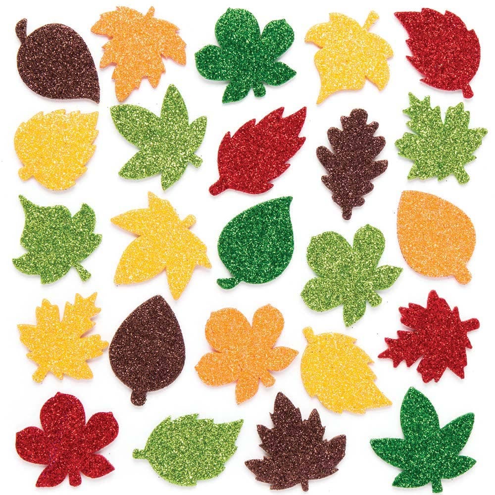 Leaf Glitter Foam Stickers (Pack of 144) Stickers 6 assorted colours - Red, Yellow, Orange, Brown, Green & Dark Green