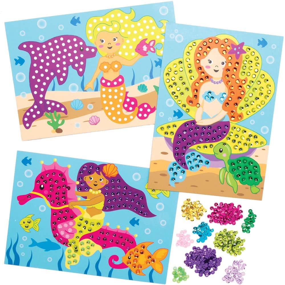 Mermaid Sequin Picture Kits (Pack of 4) 10 Sequin Colours, No Glue Required, 4 Designs, Size 15cm x 21cm