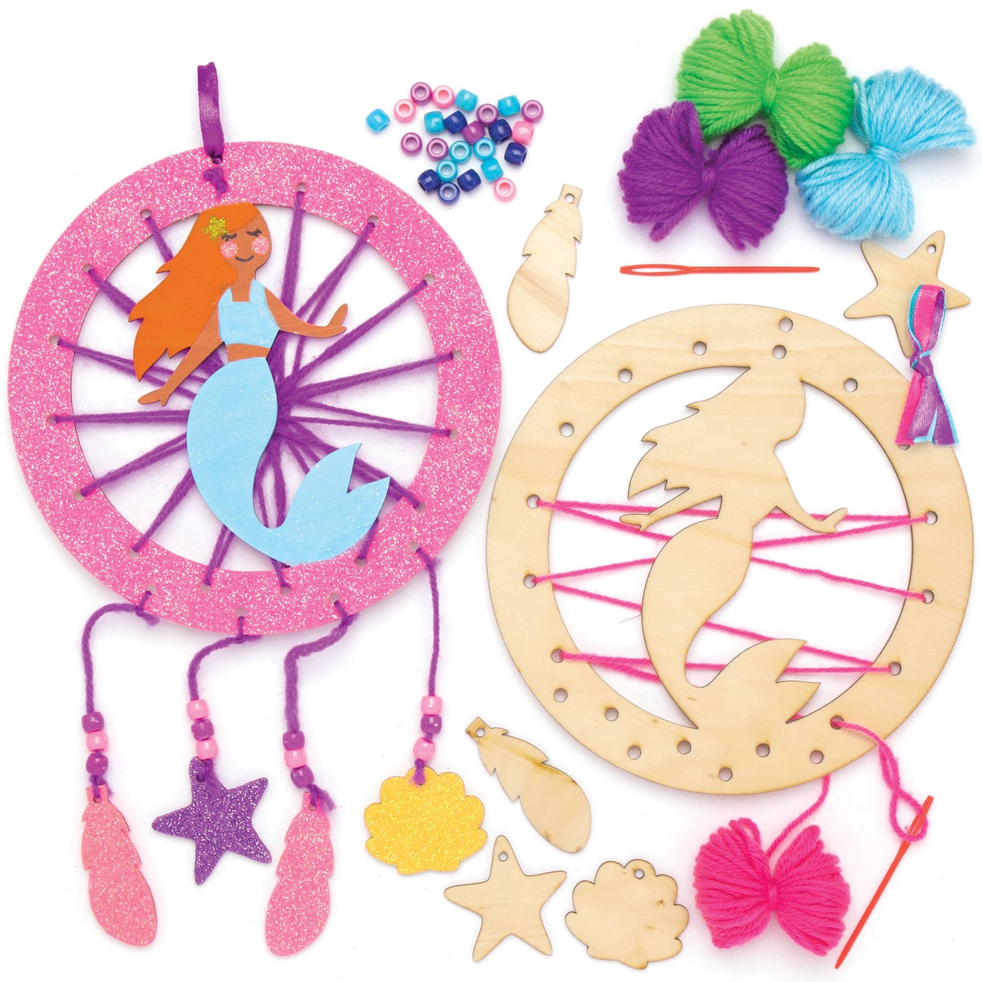 Mermaid Wooden Dreamcatcher Kits (Pack of 4) Decoration Craft Kits 4 assorted wool colours - Pink, Teal, Blue & Purple