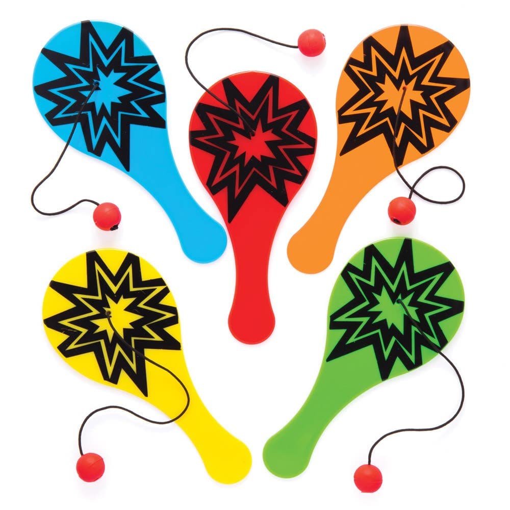 Mini Paddle Ball (Pack of 5) Pocket Money Toys 5 assorted colours - Red, Yellow, Green, Orange & Blue