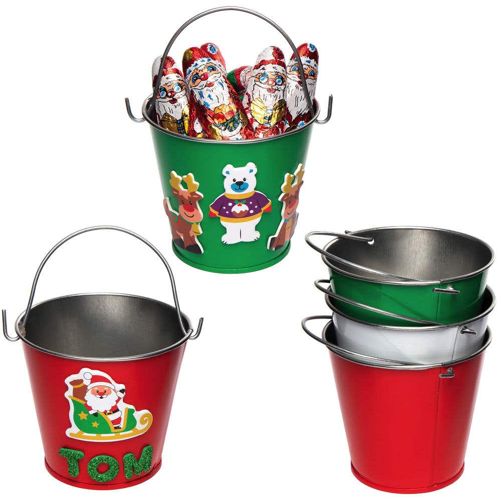 Mini Christmas Tin Buckets (Pack of 5) Christmas Craft Supplies, 3 Colours, Decorate & Personalise