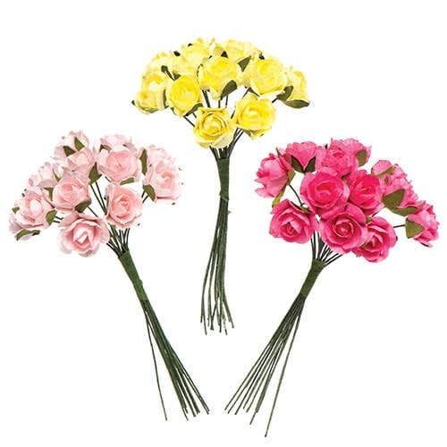 Mini Paper Roses (Pack of 30) Craft Embellishments, 3 Assorted Colours, Metal Stems