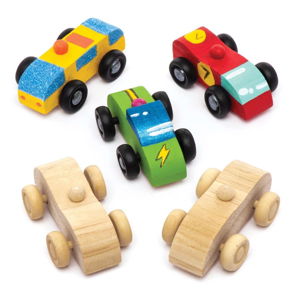 Mini Wooden Cars (Pack of 5) 3 Assorted Designs, Moving Wheels, Design Your Own