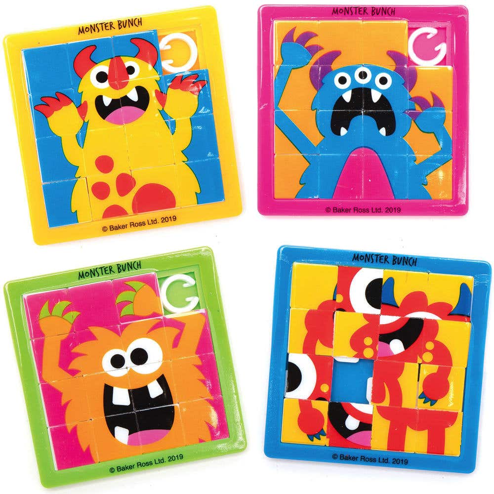 Monster Bunch Sliding Puzzles (Pack of 6) Halloween Toys 6 assorted colours - Green, Pink, Blue, Yellow, Orange & Dark Blue