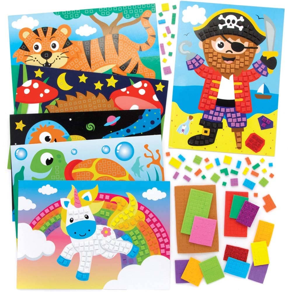 Mosaic Picture Kits Value Pack (Pack of 6) Craft Kits For Kids, Sheet Size 21cm x 15cm, No Glue Required