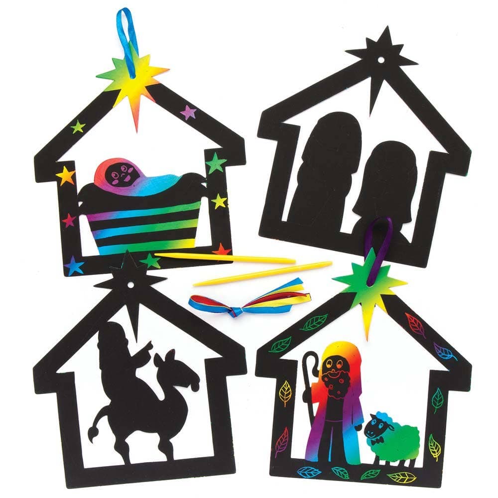 Nativity Scratch Art Hanging Decorations (Pack of 8) Ribbon & Scratch Tools Included