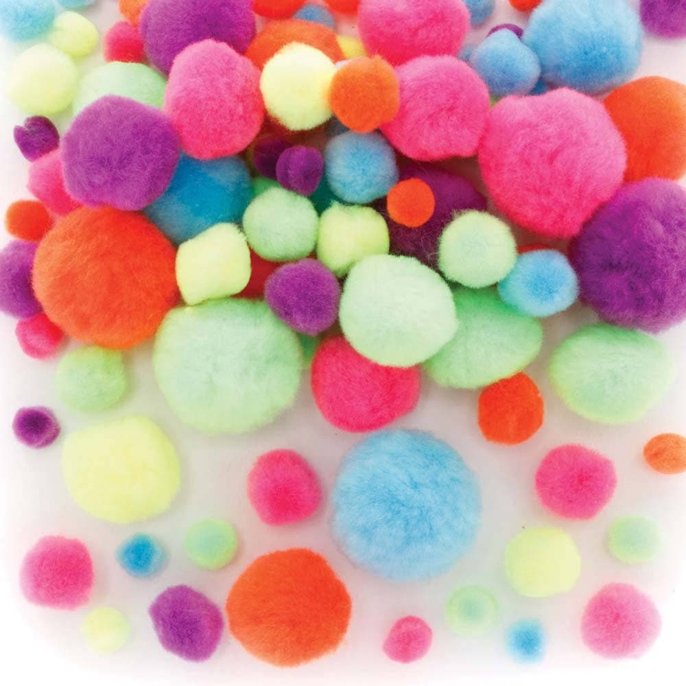 Neon Pom Poms Value Pack (Pack of 120) Craft Embellishments 6 assorted neon colours - Yellow, Pink, Orange, Blue, Green & Purple