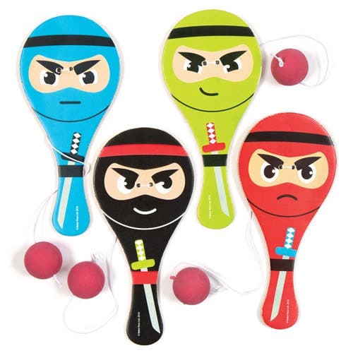 Ninja Biff Bats (Pack of 4) Small Toys, 4 Assorted Colours & Designs, Wooden Bat With Rubber Ball