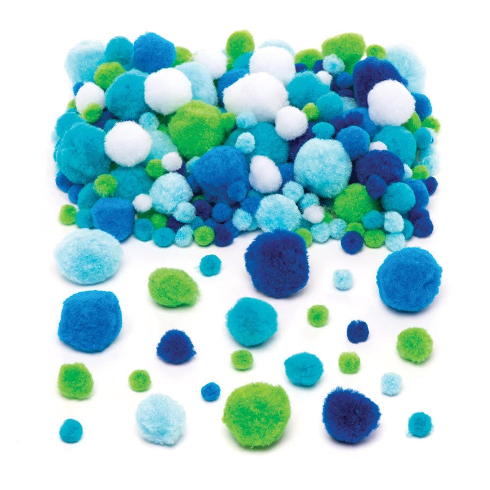 Ocean Colours Pom Pom Value Pack (Pack of 200) 4 Assorted Sizes 5mm-25mm, 6 Assorted Colours, Craft Embellishments