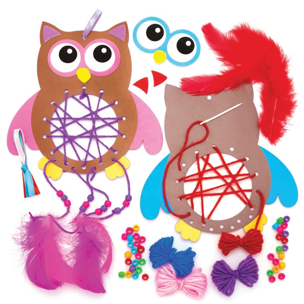 Owl Dreamcatcher Kits (Pack of 4) Decoration Craft Kits 4 colourways - Orange/Blue, Pink/Purple, Green/Pink & Blue/Red