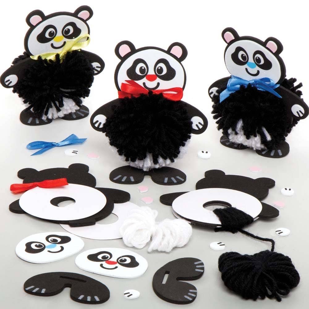 Panda Pom Pom Kits (Pack of 3) Art Craft Kits 3 assorted ribbon colours - Yellow, Blue & Red